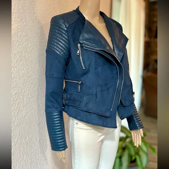 IVORY & CHAIN Women’s Navy Blue Moto-Style ‘Bessy Biker Jacket’ - NWOT - Picture 7 of 10